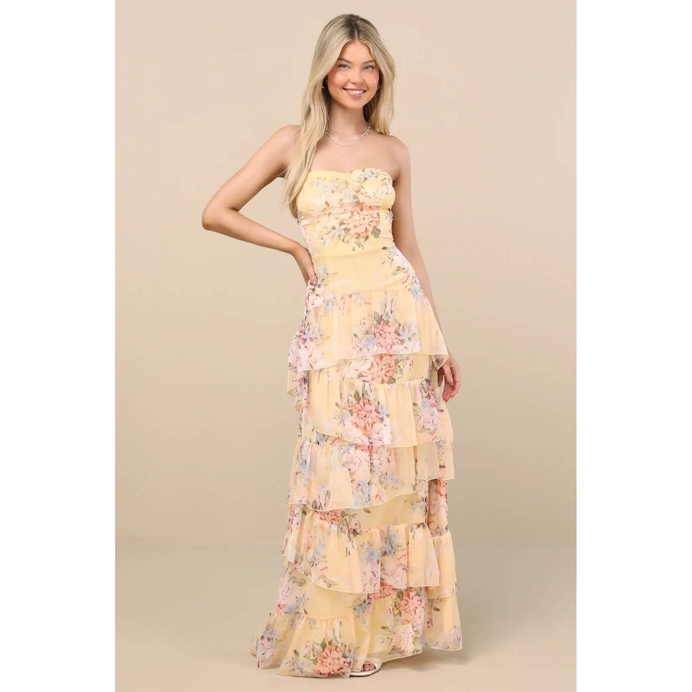 Lulus Niyati Yellow Floral Strapless Tiered Maxi Dress Size XL